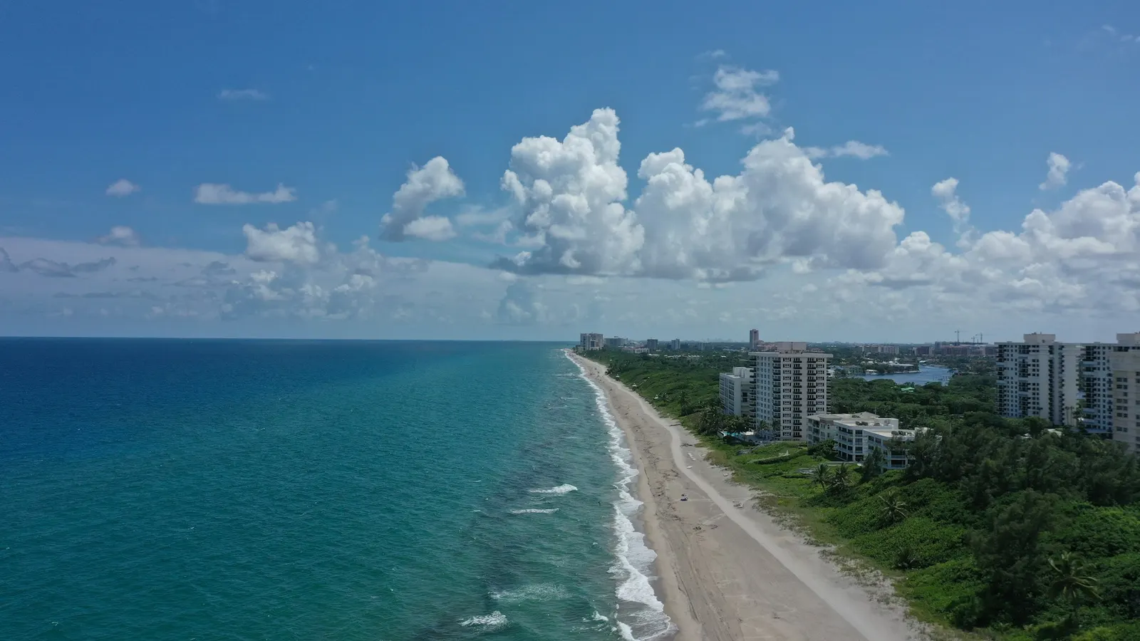Aerial view of the Boca Raton coastline and oceanfront towers
