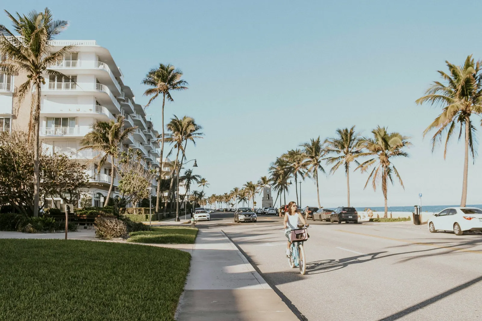 Cyclist and palm trees along an oceanfront road in Palm Beach, Florida